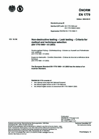 ONORM EN 1779 2004 Non destructive Testing Leak Testing Criteria 
